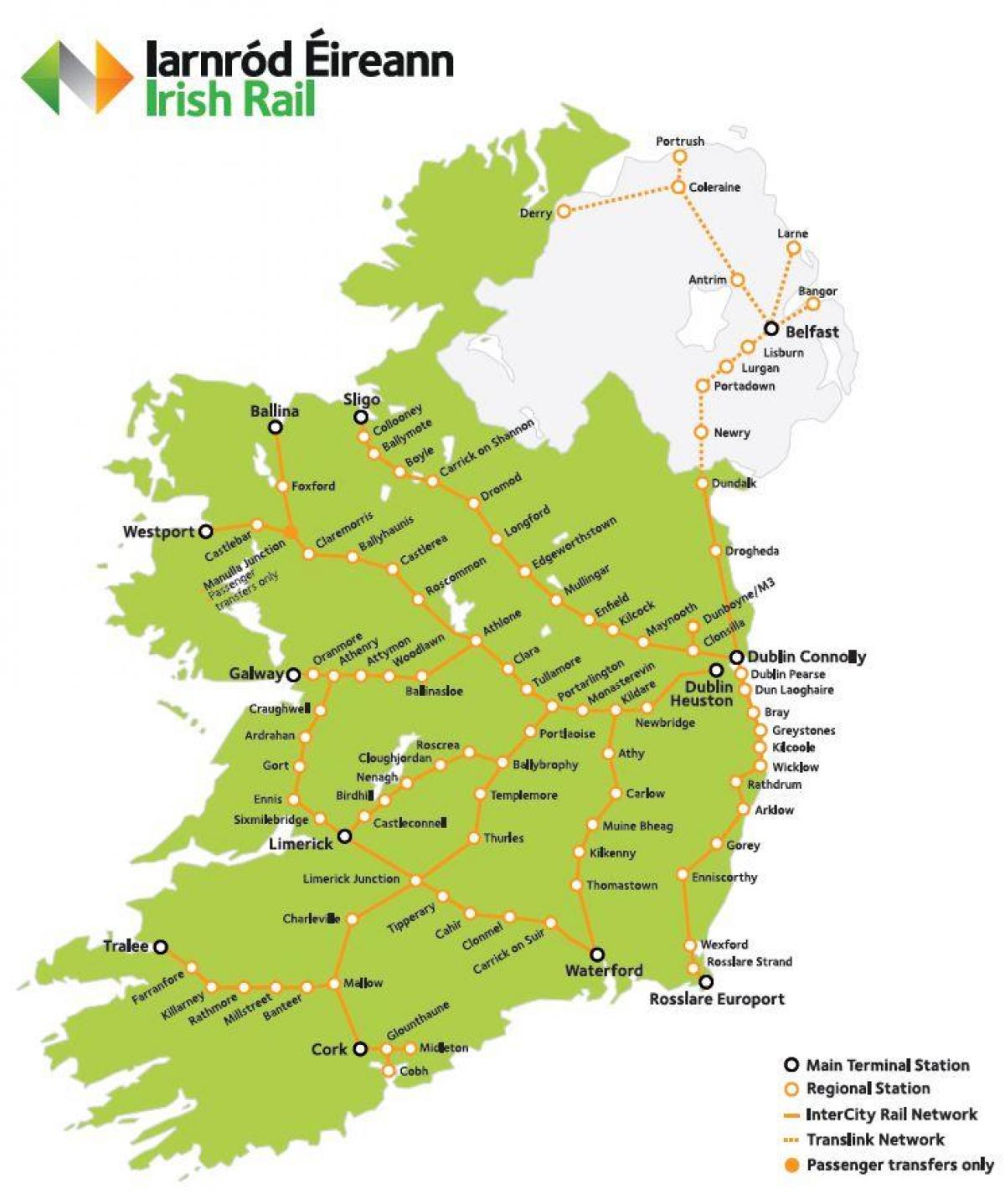 transportem kolejowym w Irlandii mapie