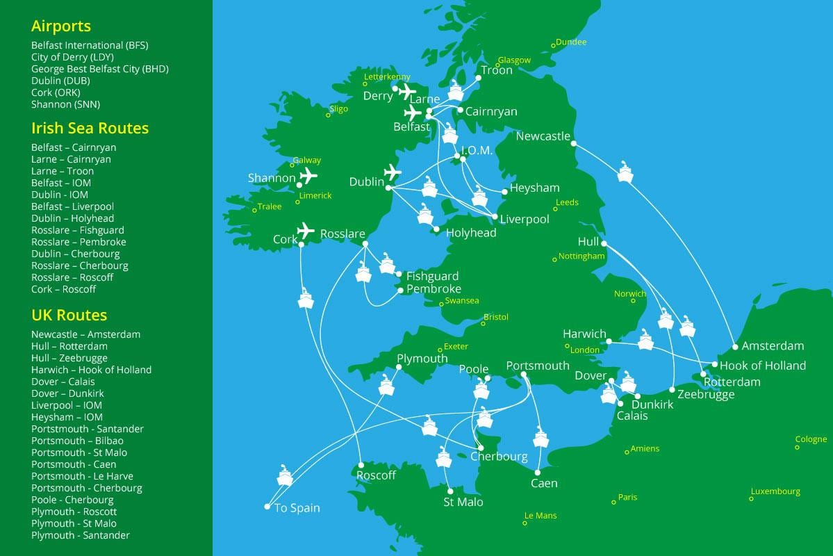 mapa przepraw promowych do Irlandii