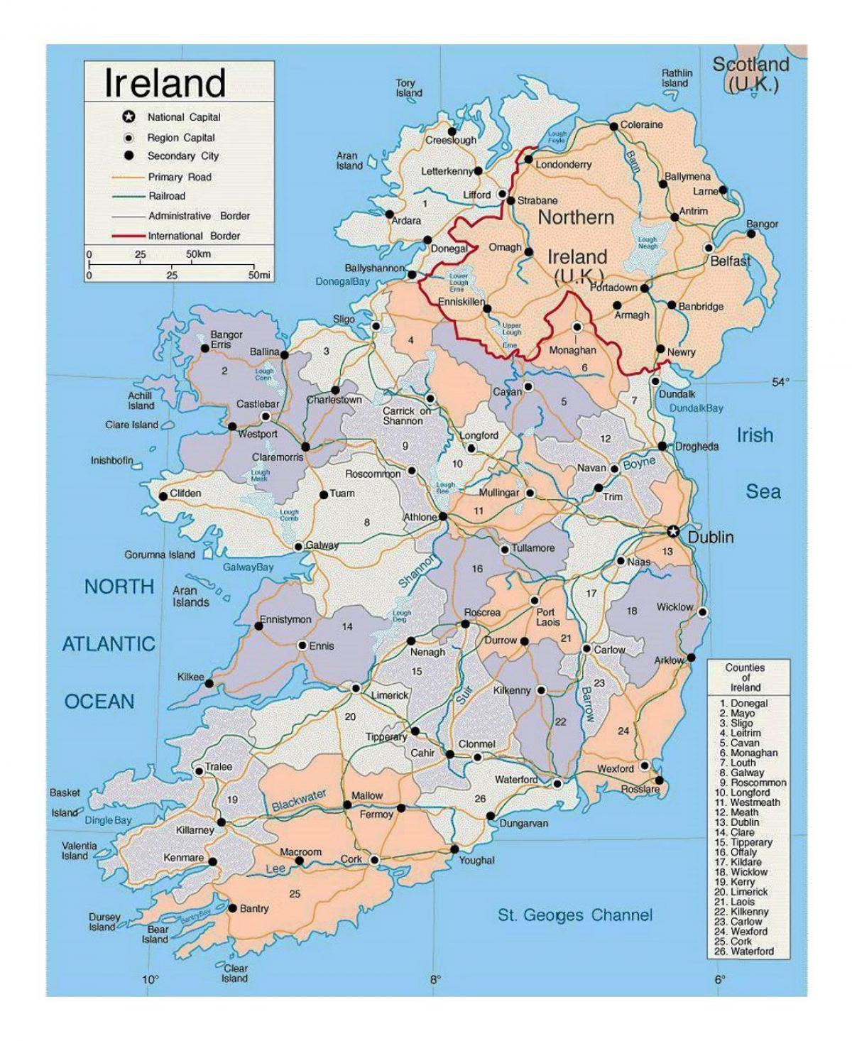 mapa Irlandii z miastami