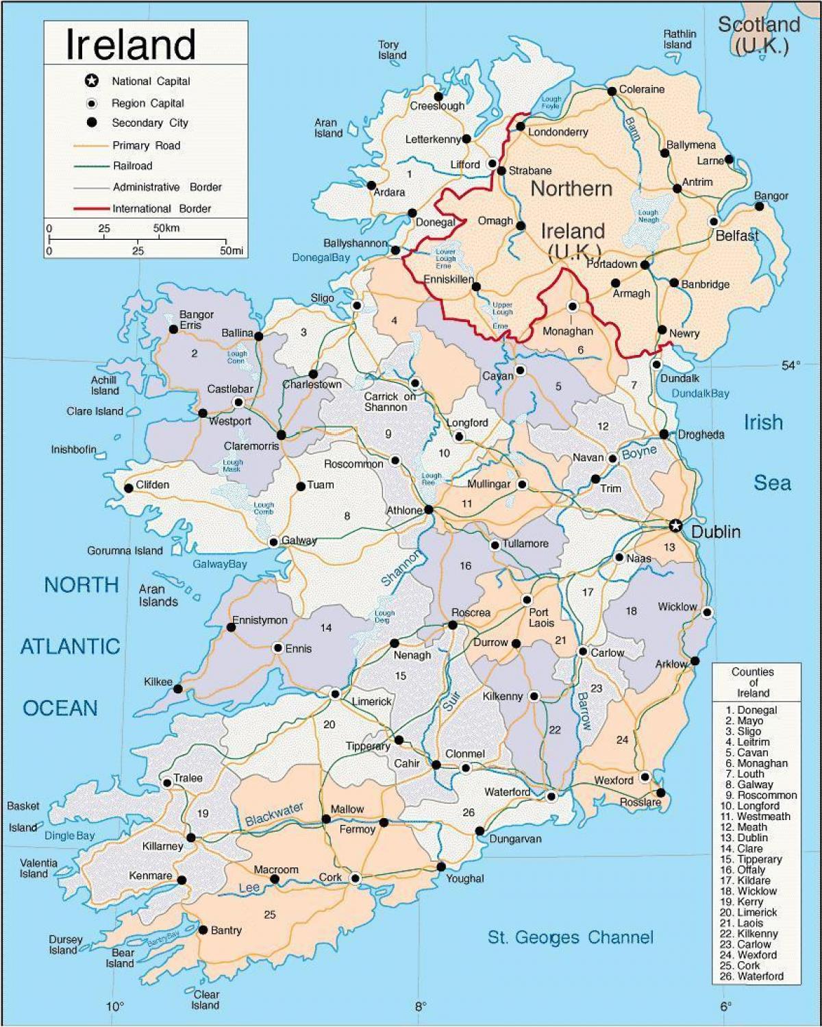 mapa Irlandii, w tym powiatów
