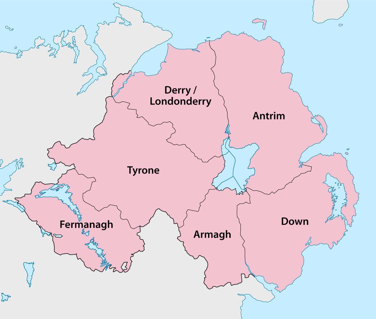 mapa Irlandii Północnej, powiatów i miast