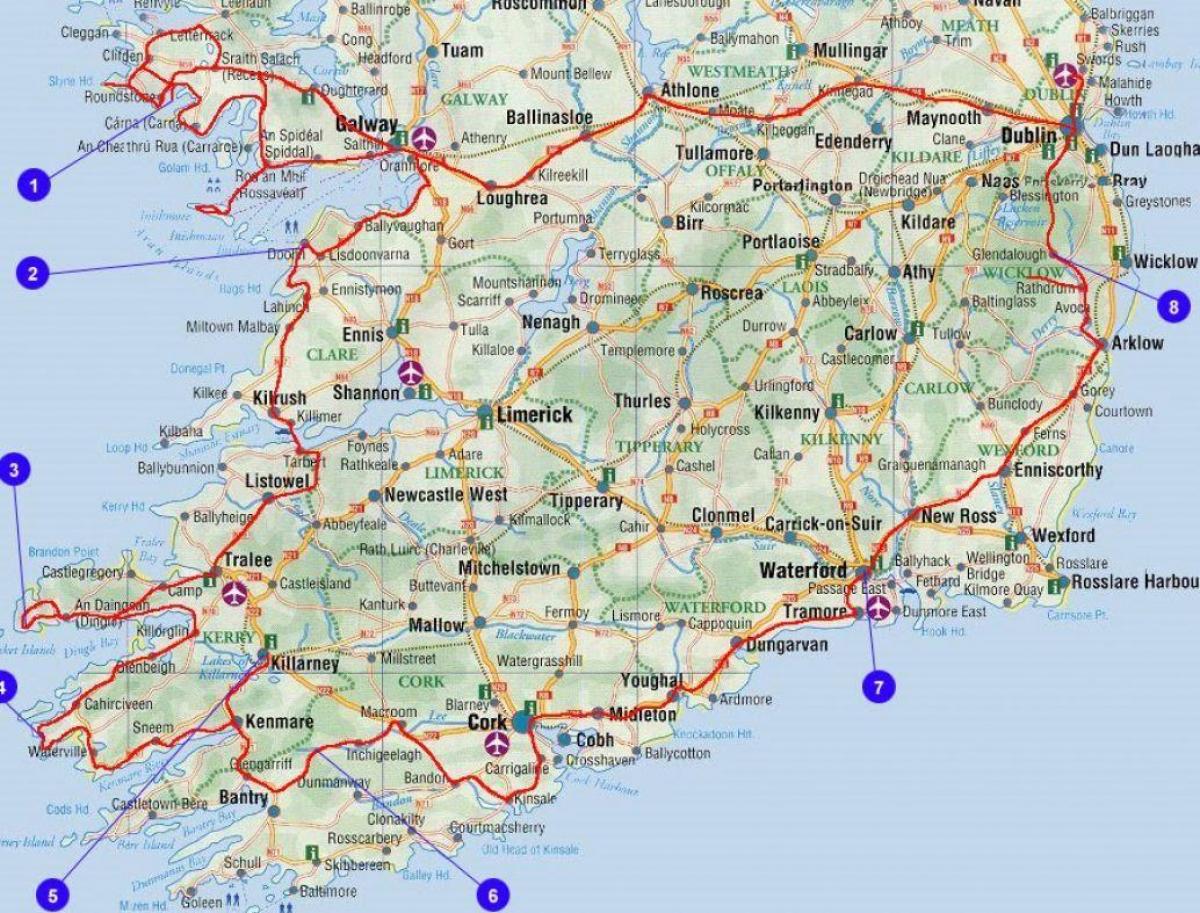  mapa okręgów administracyjnych Południowej Irlandii i miast