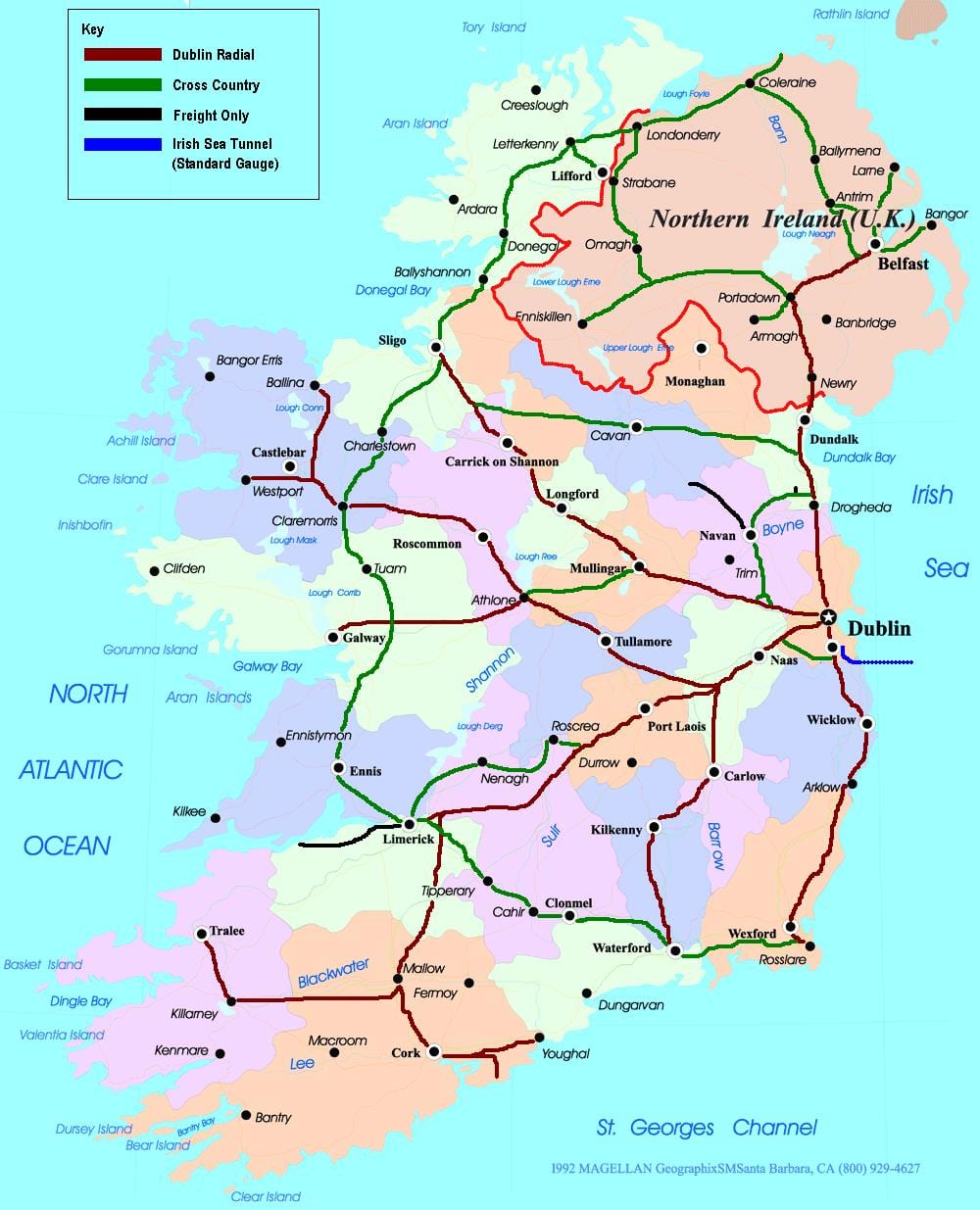 mapa tras kolejowych w Irlandii