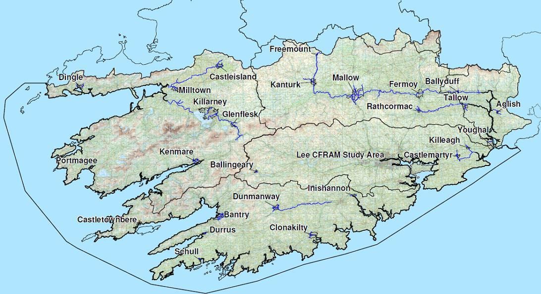 szczegółowa mapa południowo-zachodniej Irlandii