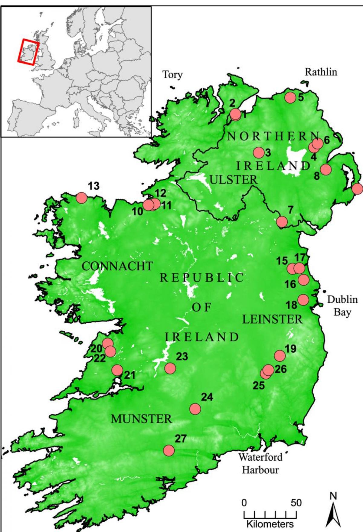 mapa Irlandii pokazując rzek