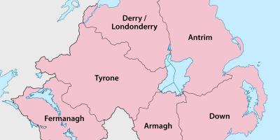 Mapa Irlandii Północnej, powiatów i miast