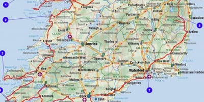  mapa okręgów administracyjnych Południowej Irlandii i miast
